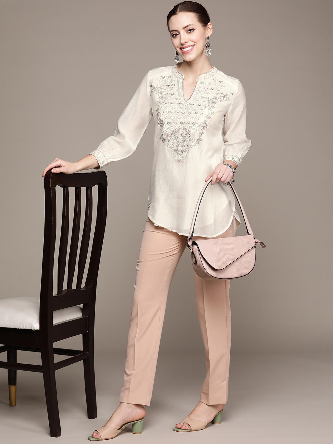 

Ritu Kumar Women Off White & Brown Ethnic Motifs Embroidered Kurti
