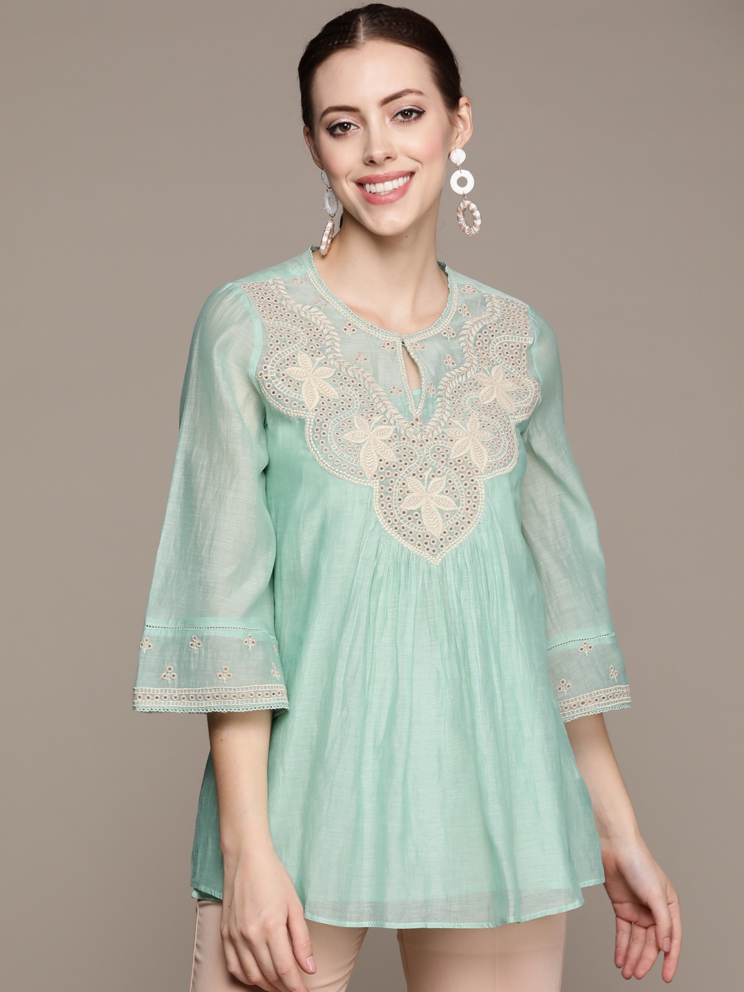 

Ritu Kumar Women Blue & White Ethnic Motifs Embroidered Kurti
