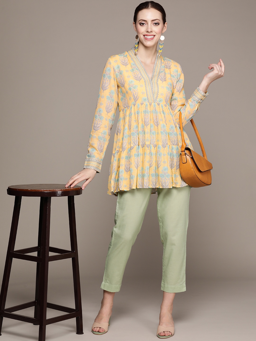 

Ritu Kumar Women Yellow & Green Ethnic Printed Pure Cotton Tiered Kurti