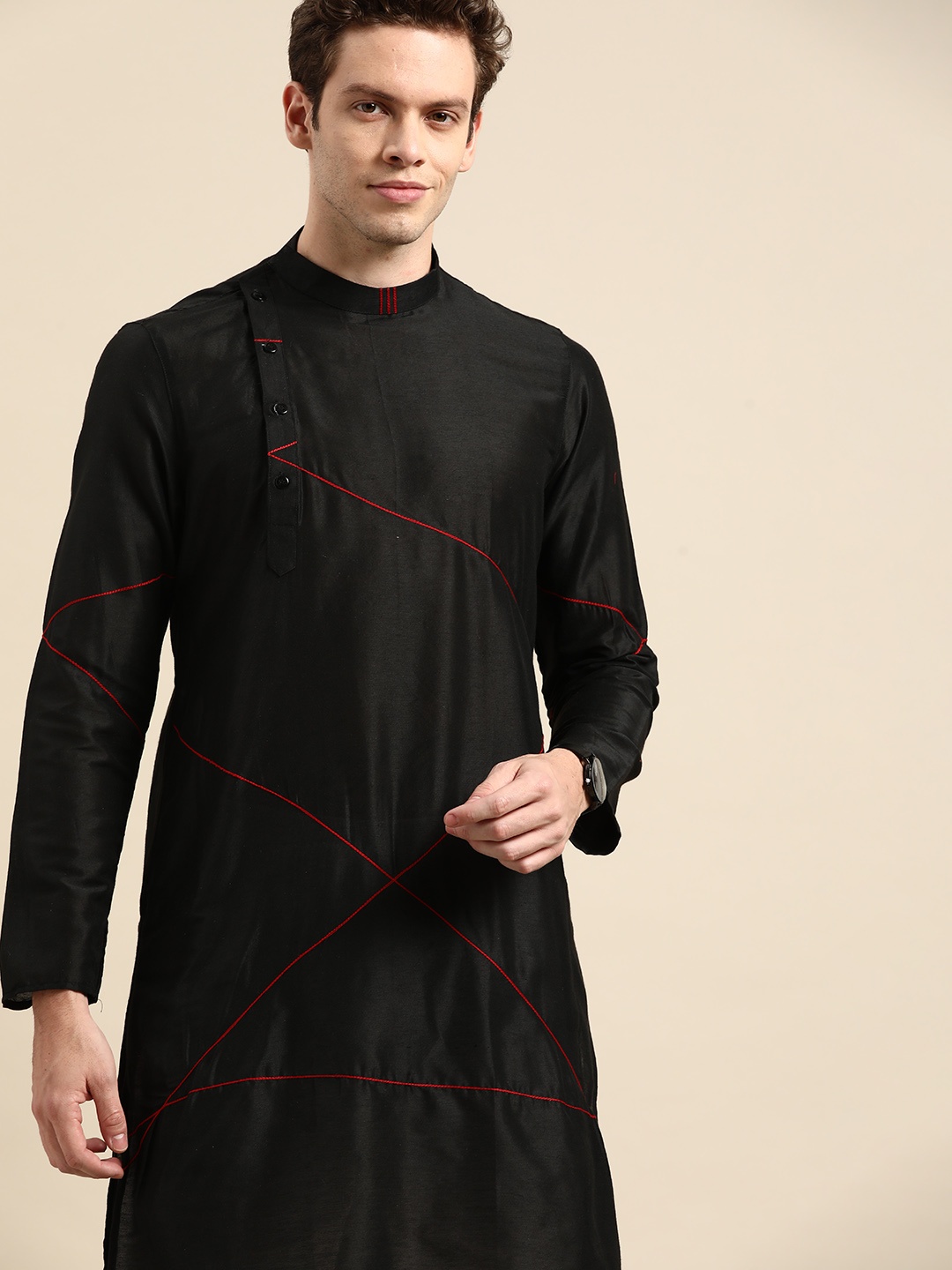 

Anouk Men Black Embroidered Band Collar Cotton Silk Kurta