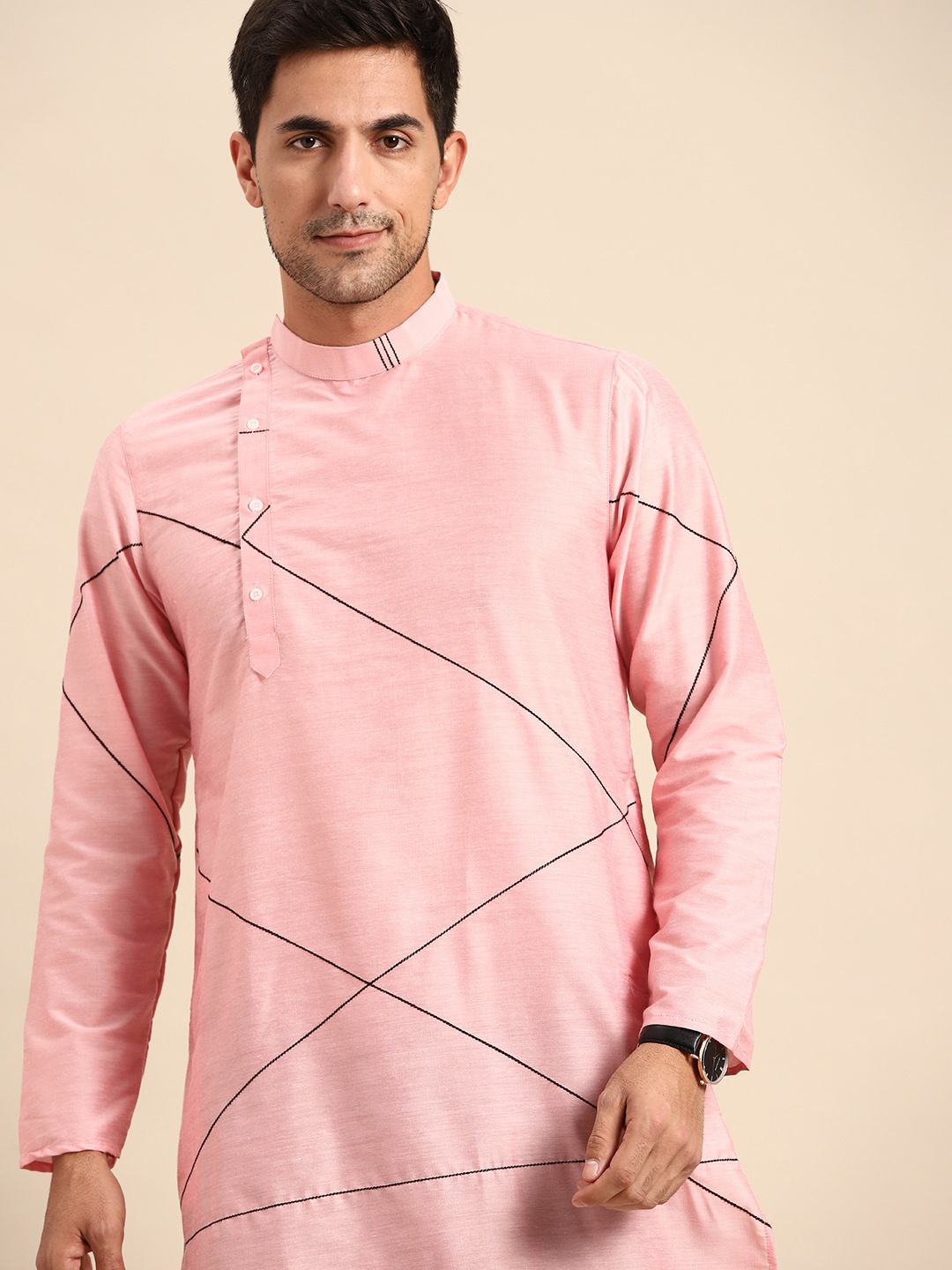 

Anouk Men Peach-Coloured Geometric Embroidered Cotton Silk Kurta