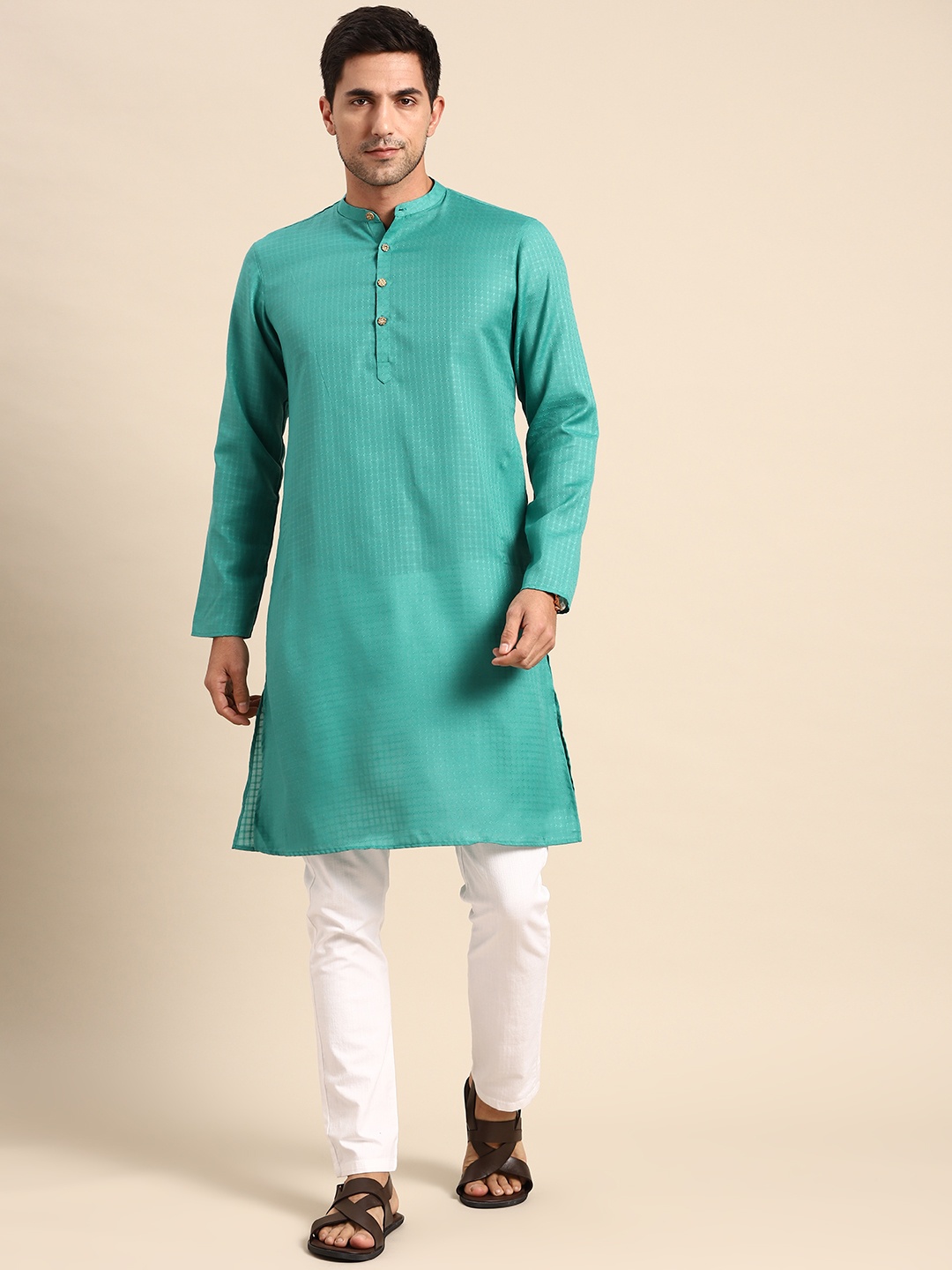 

Anouk Men Turquoise Blue Cotton Silk Kurta