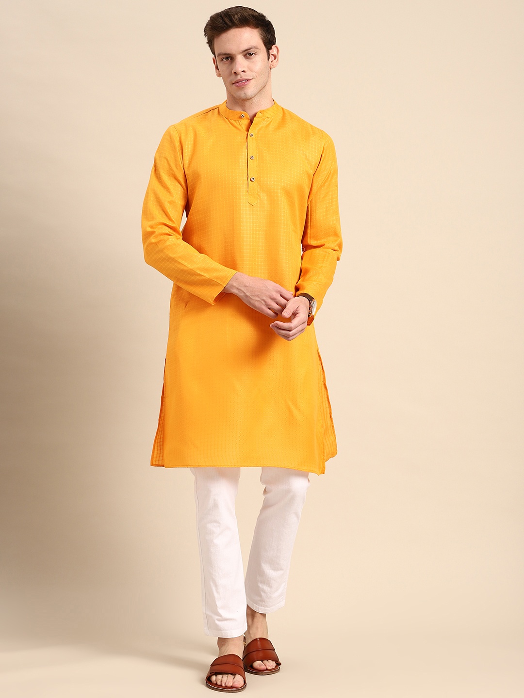 

Anouk Men Yellow Woven Design Cotton Silk Kurta