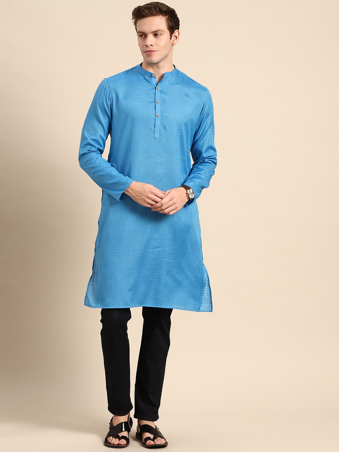 

Anouk Men Blue Band Collar Cotton Silk Kurta