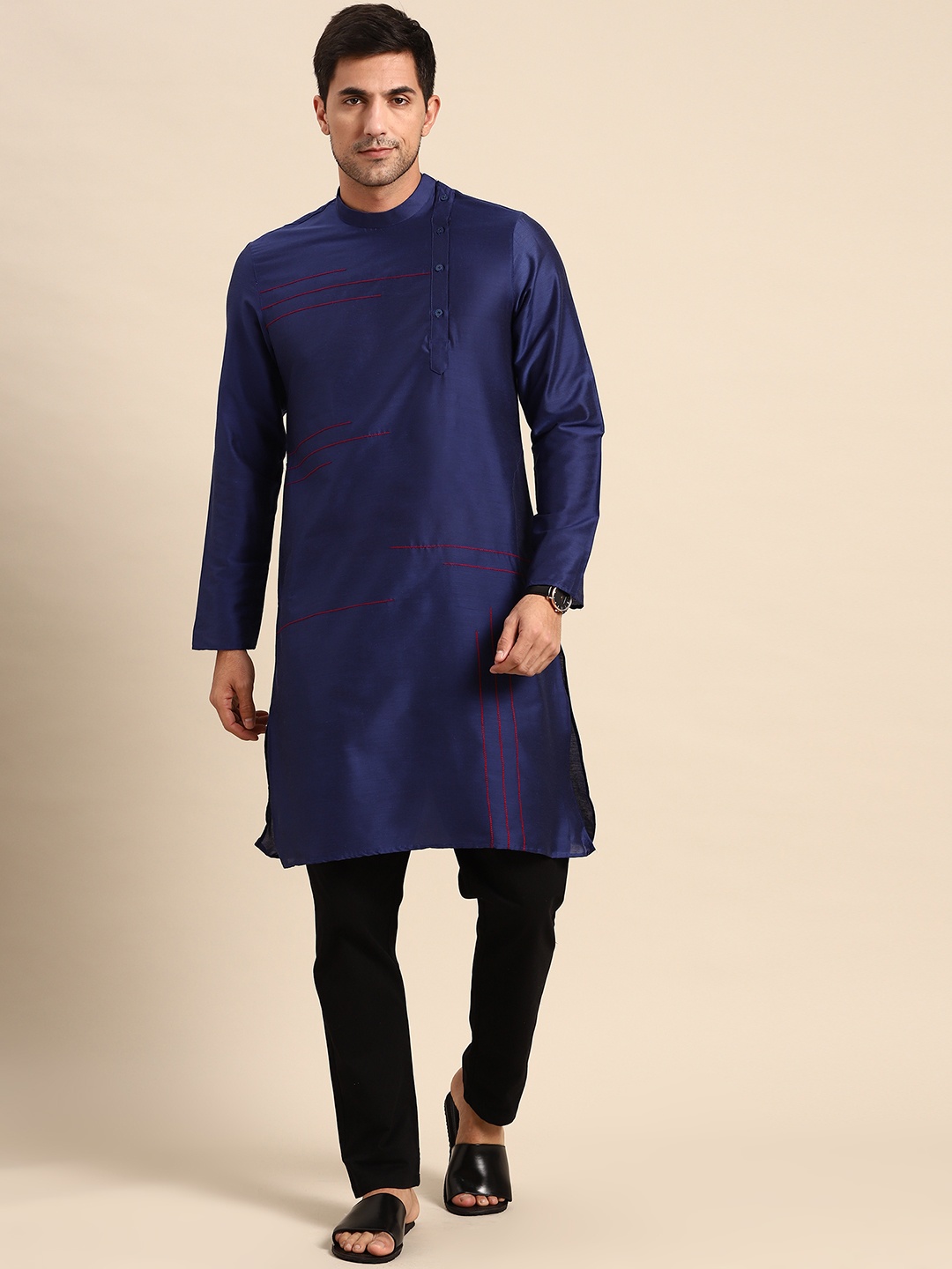

Anouk Men Blue Embroidered Cotton Silk Kurta