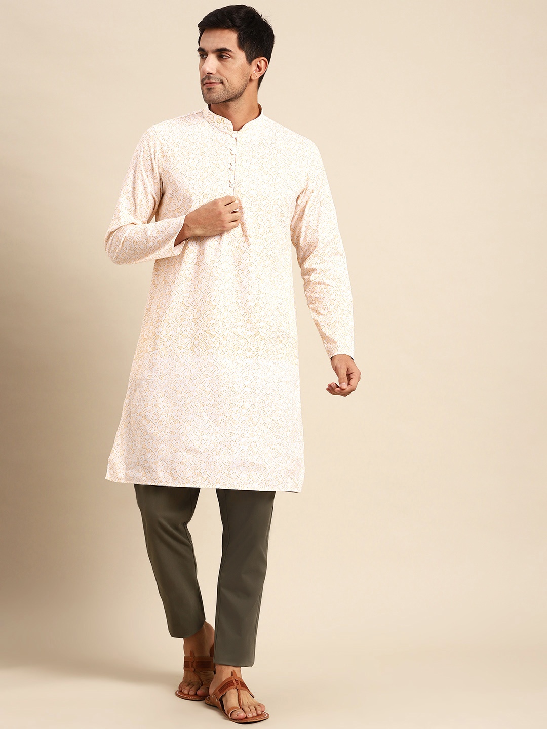 

Anouk Men White & Yellow Ethnic Motifs Printed Kurta