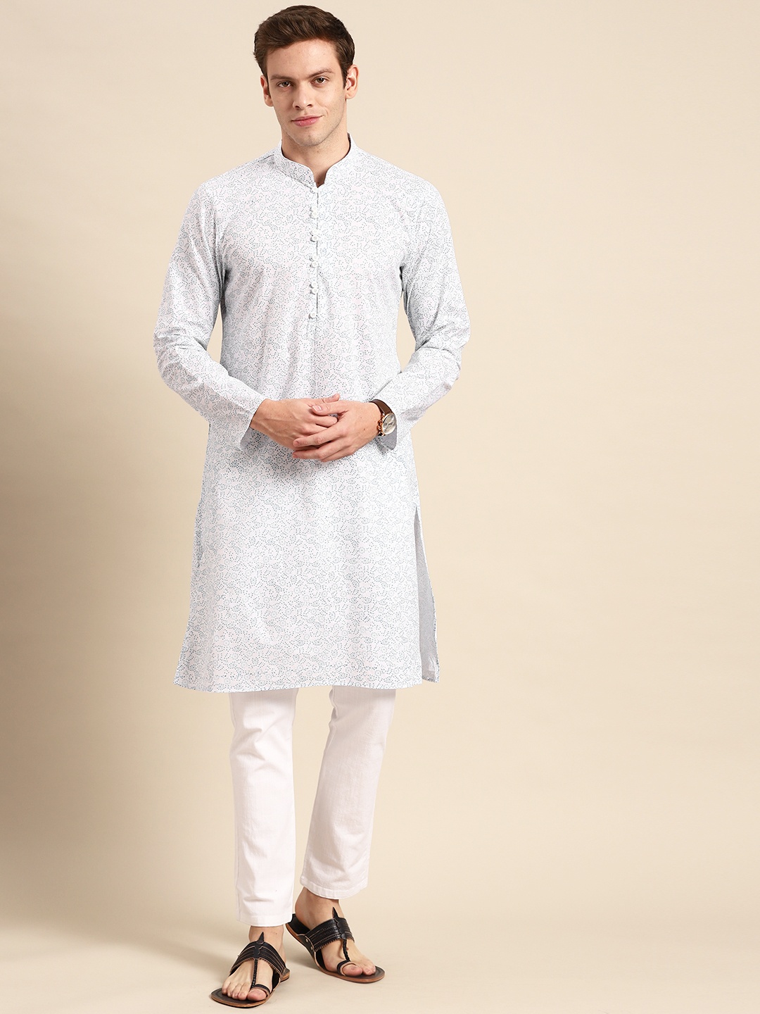 

Anouk Men White & Blue Ethnic Motifs Printed Kurta