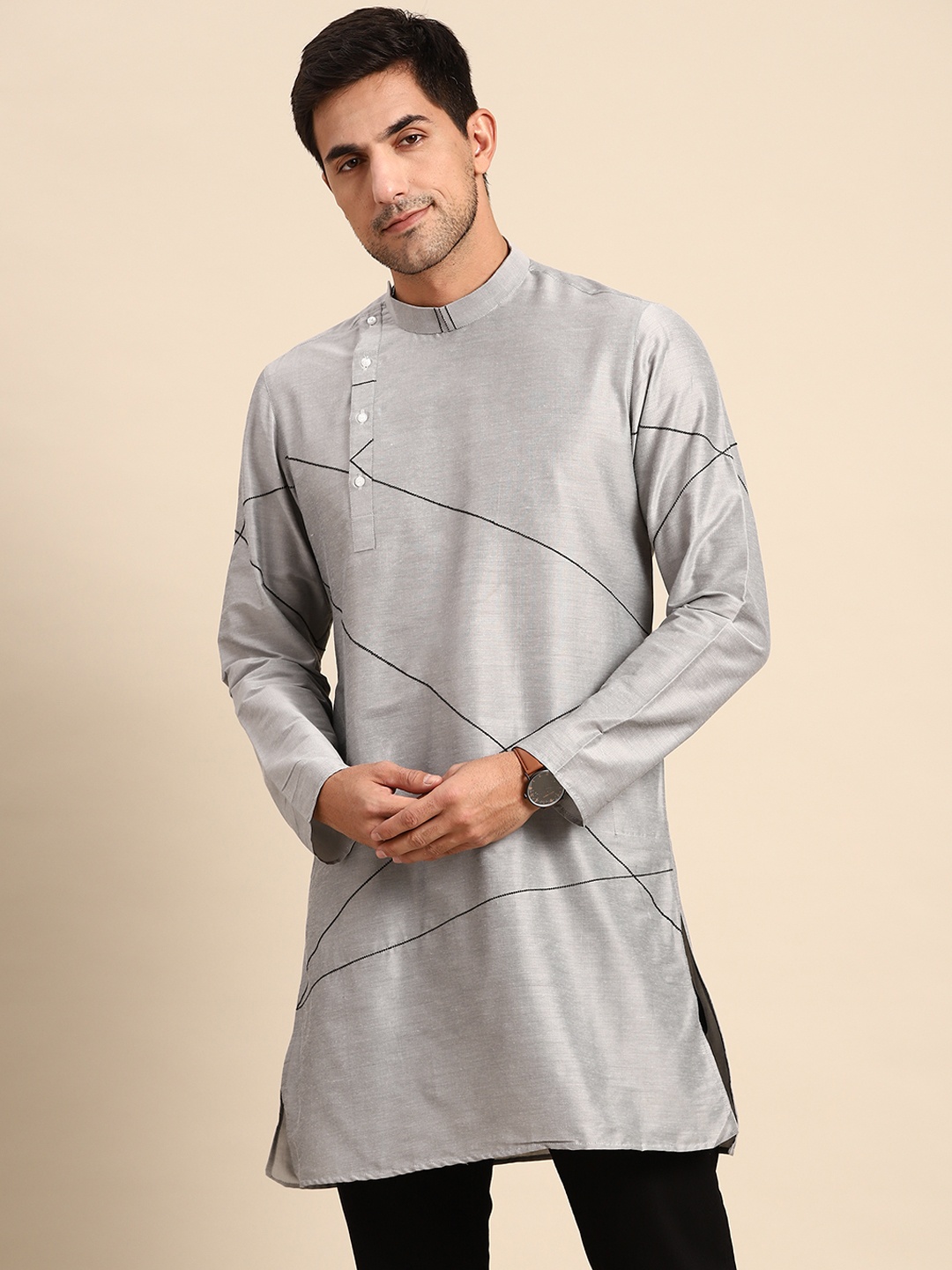 

Anouk Men Silver-Toned Embroidered Cotton Silk Kurta