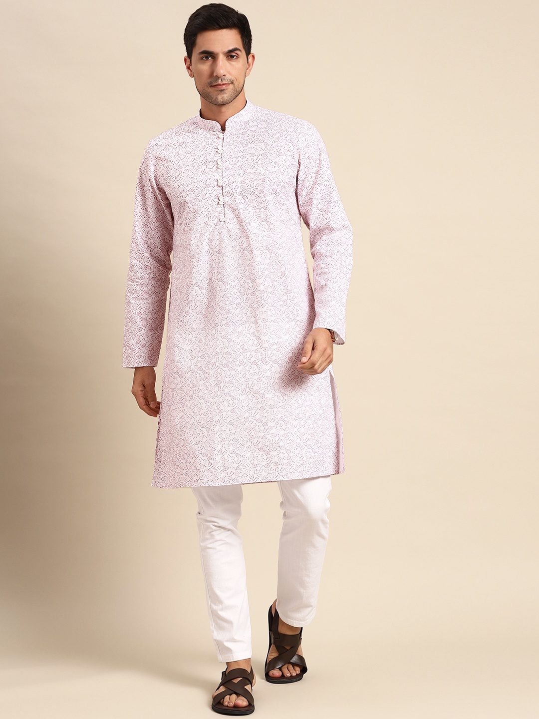 

Anouk Men White & Pink Ethnic Motifs Printed Kurta