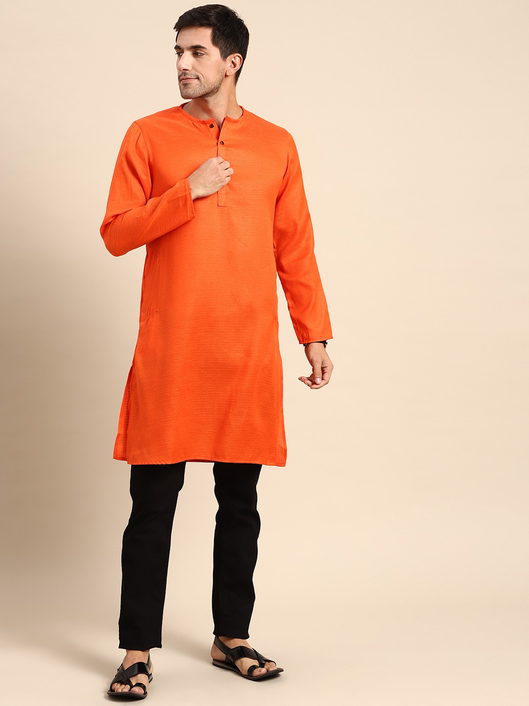 

Anouk Men Orange Embroidered Cotton Silk Kurta
