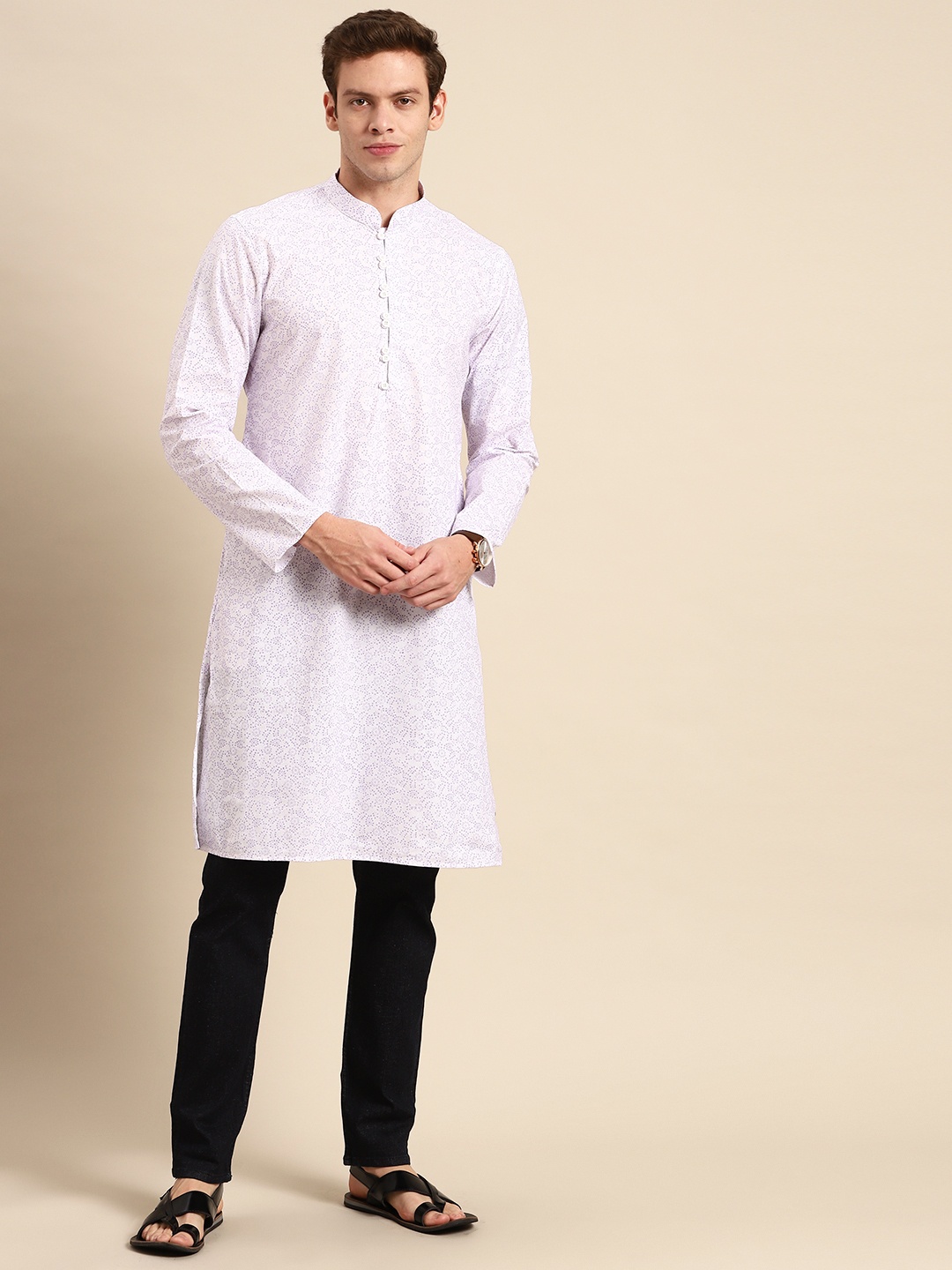 

Anouk Men White & Purple Ethnic Motifs Printed Kurta