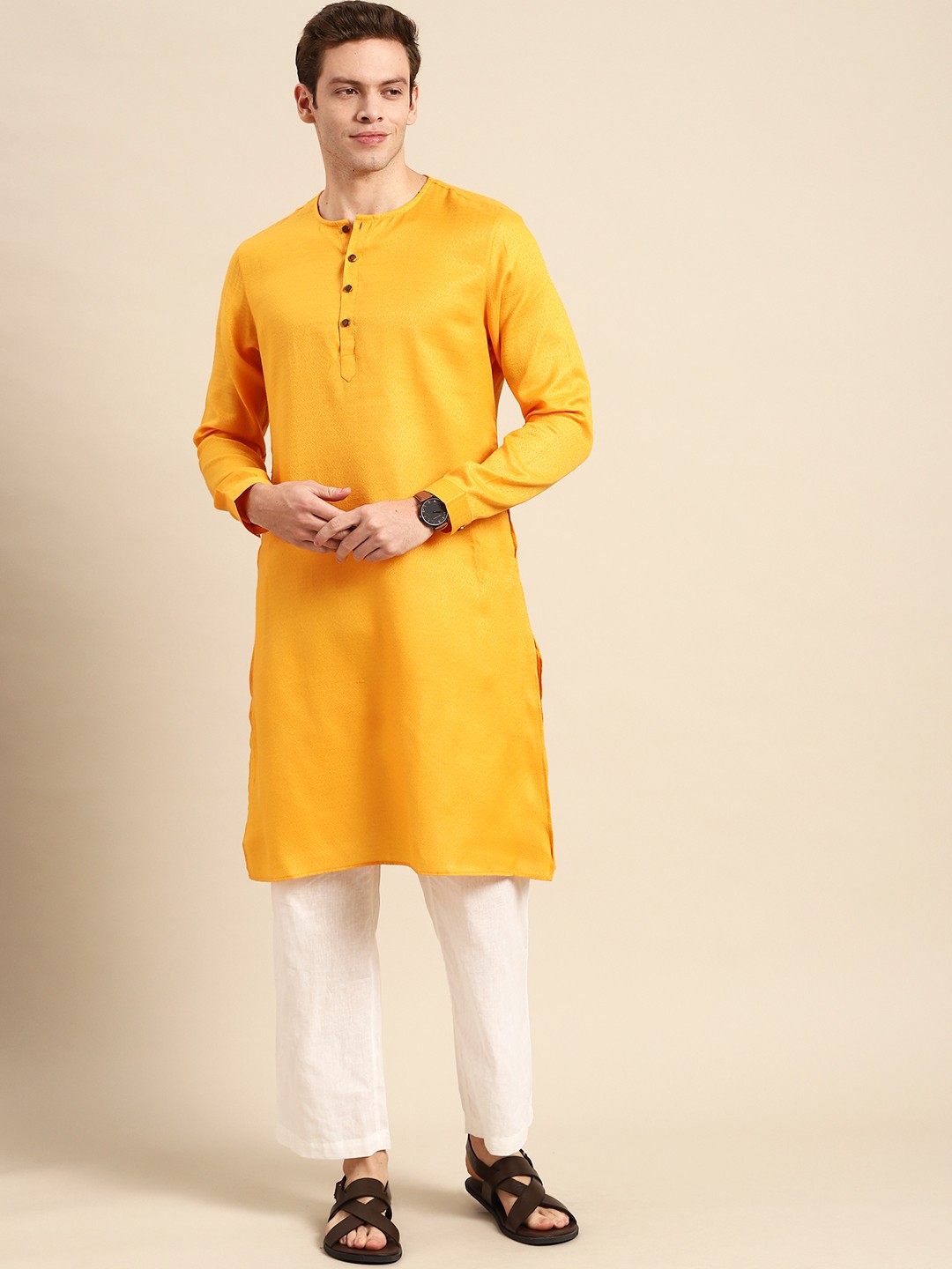 

Anouk Men Yellow Embroidered Cotton Silk Kurta