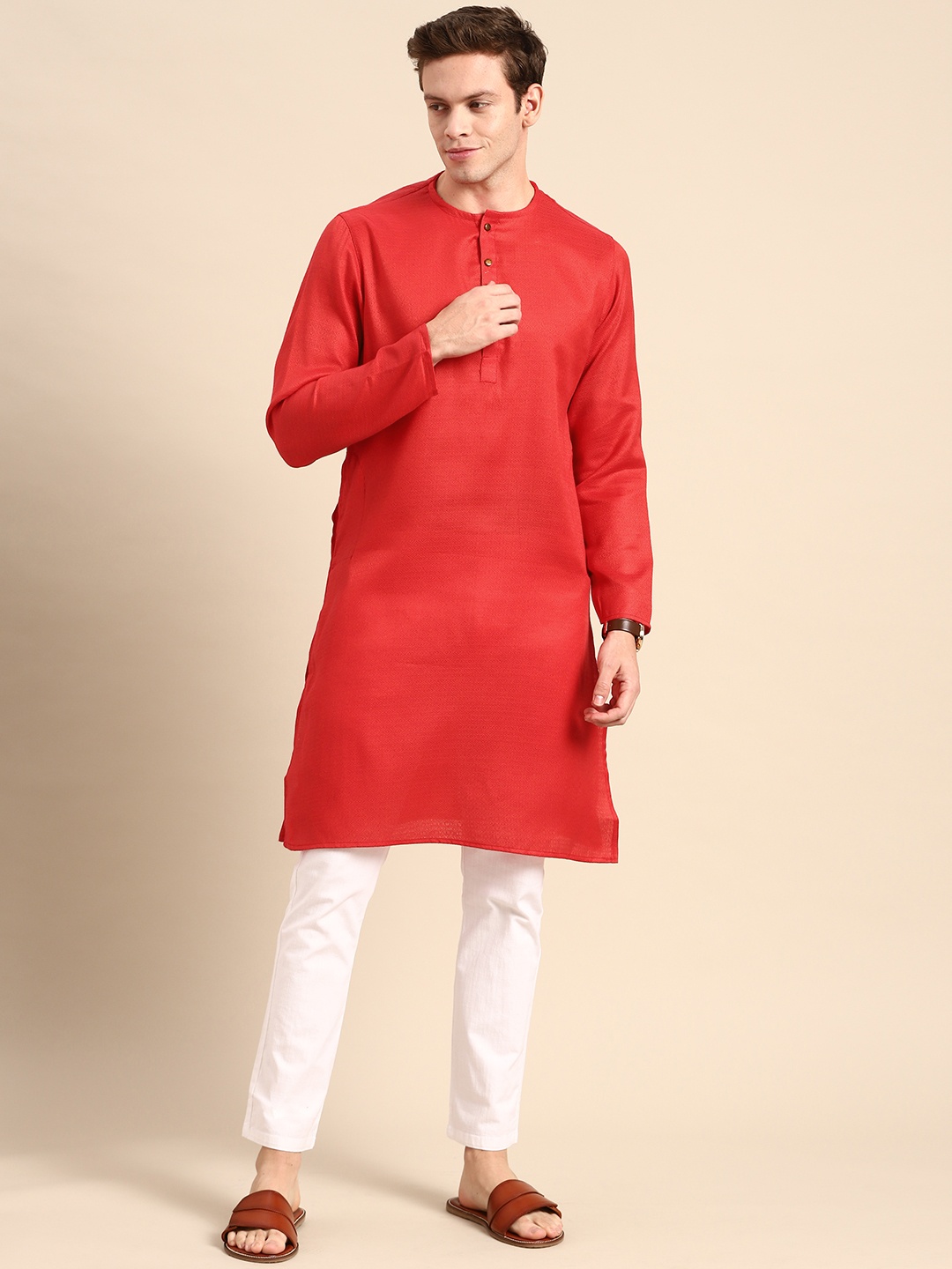 

Anouk Men Red Long Sleeves Cotton Silk Kurta
