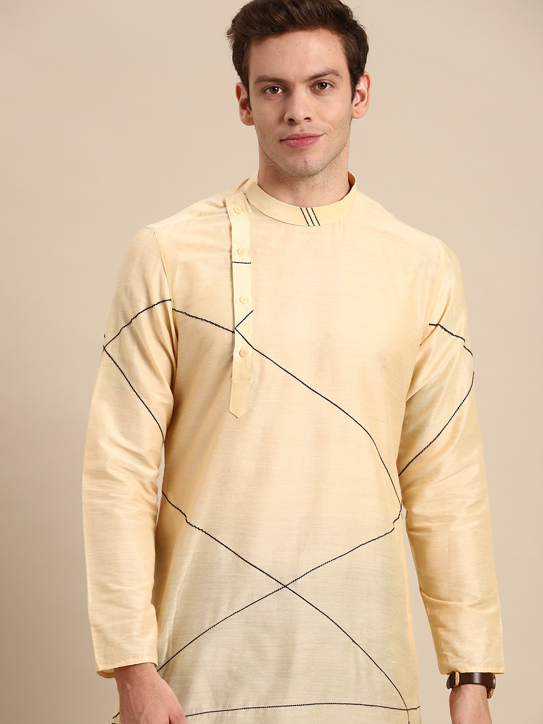Anouk Men Cream-Coloured Geometric Embroidered Cotton Silk Kurta