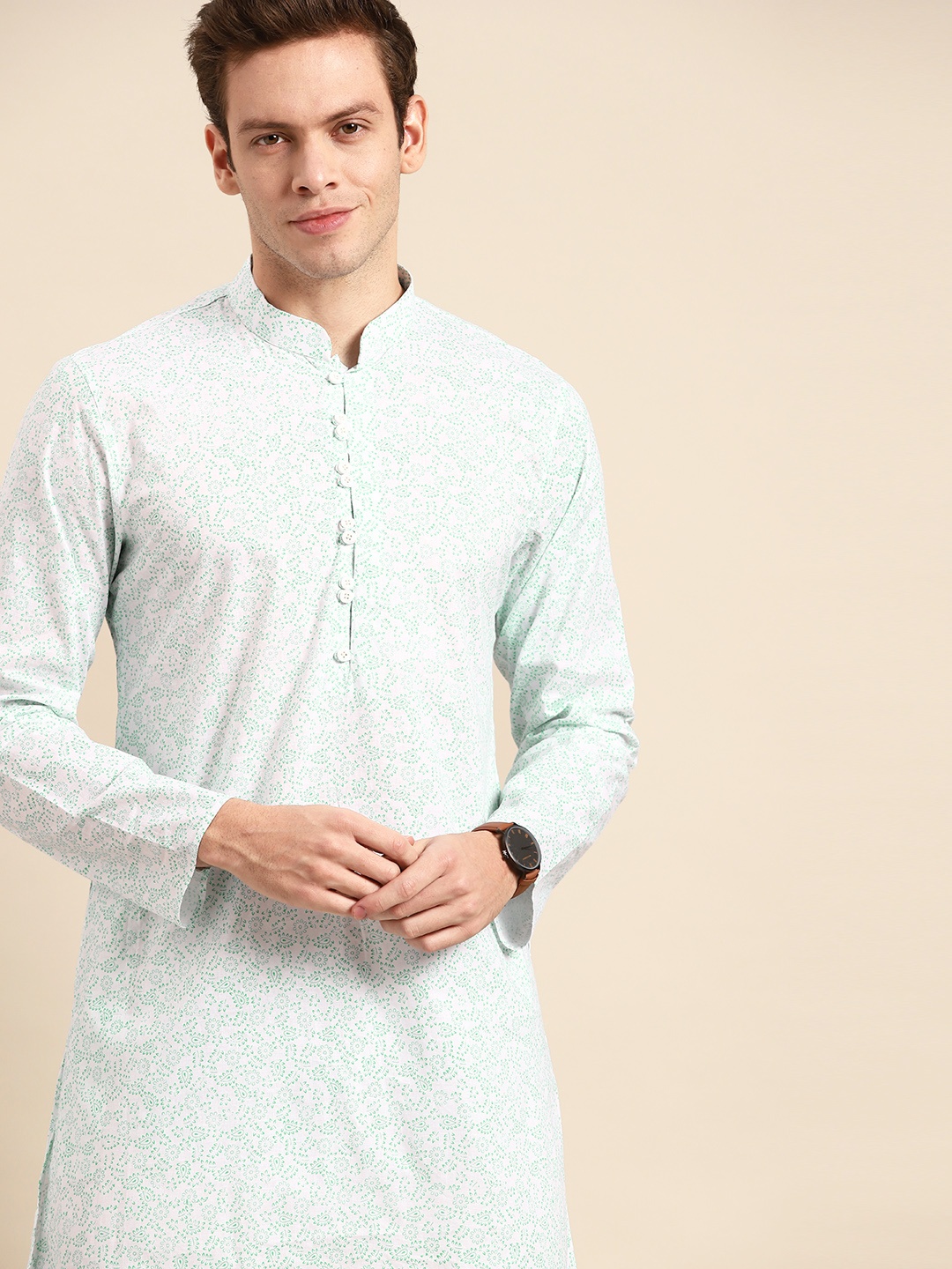 

Anouk Men White & Green Ethnic Motifs Printed Kurta