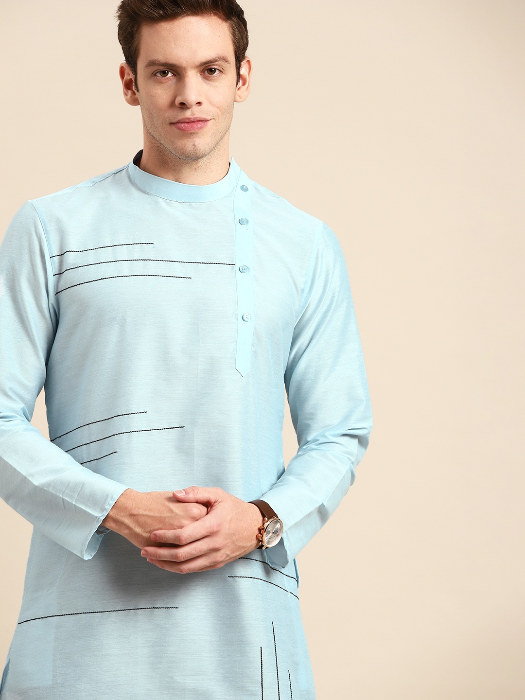

Anouk Men Blue Geometric Embroidered Cotton Silk Kurta