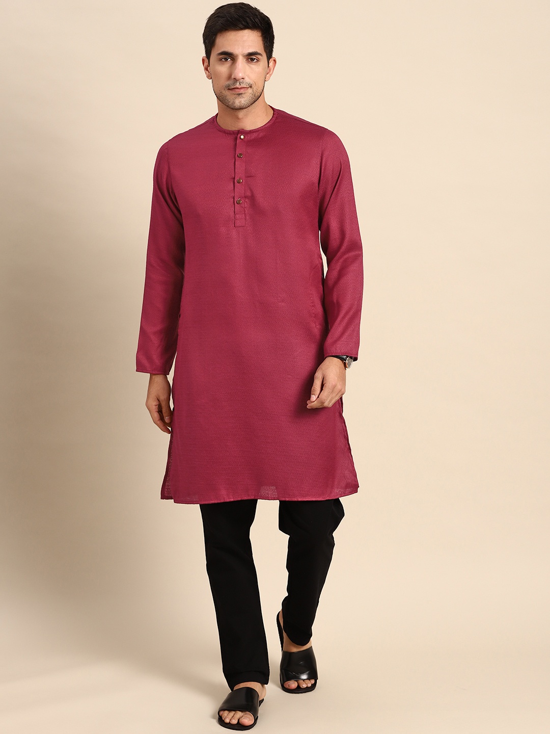 

Anouk Men Maroon Embroidered Cotton Silk Kurta