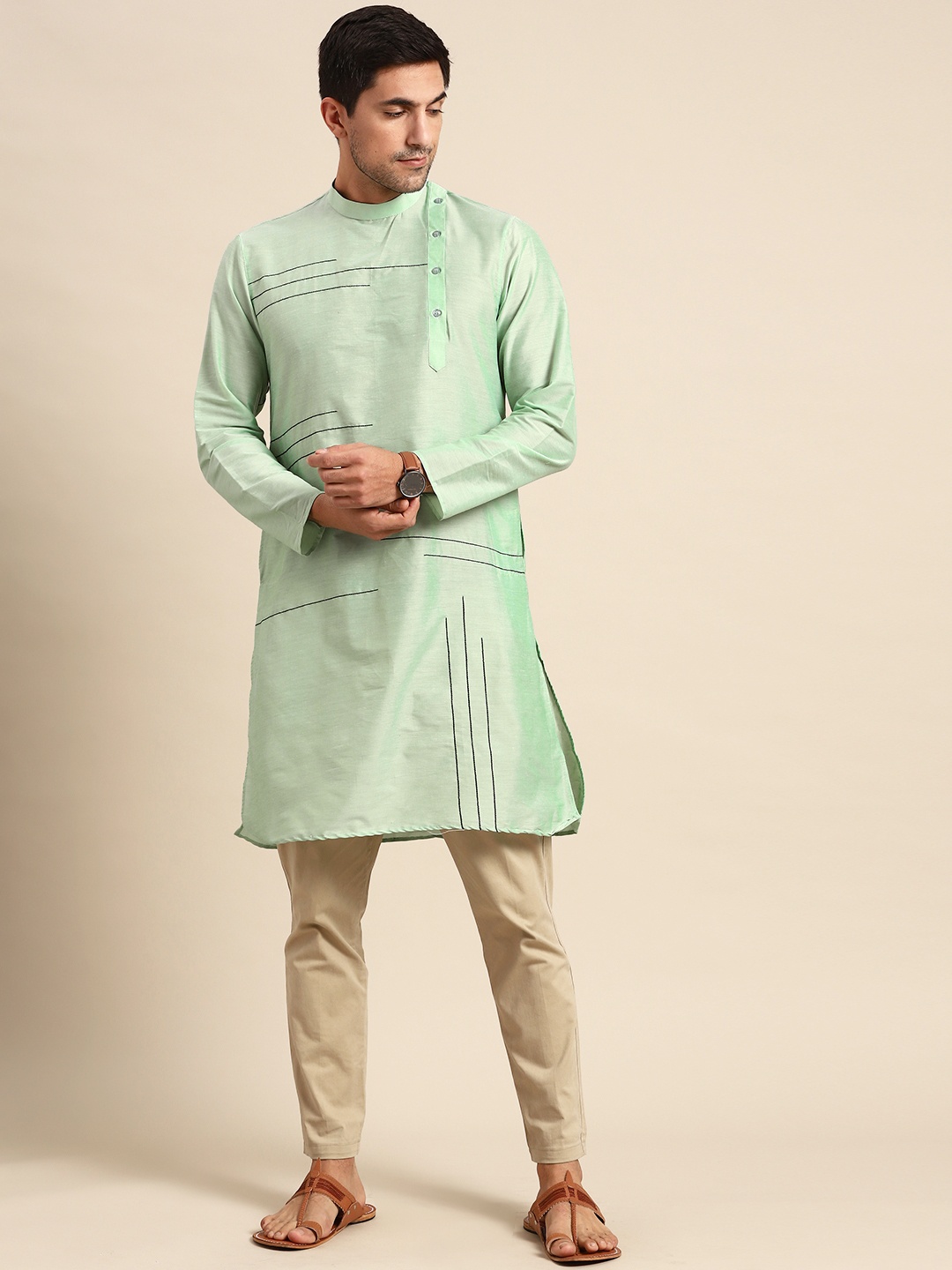 

Anouk Men Green Geometric Embroidered Cotton Silk Kurta