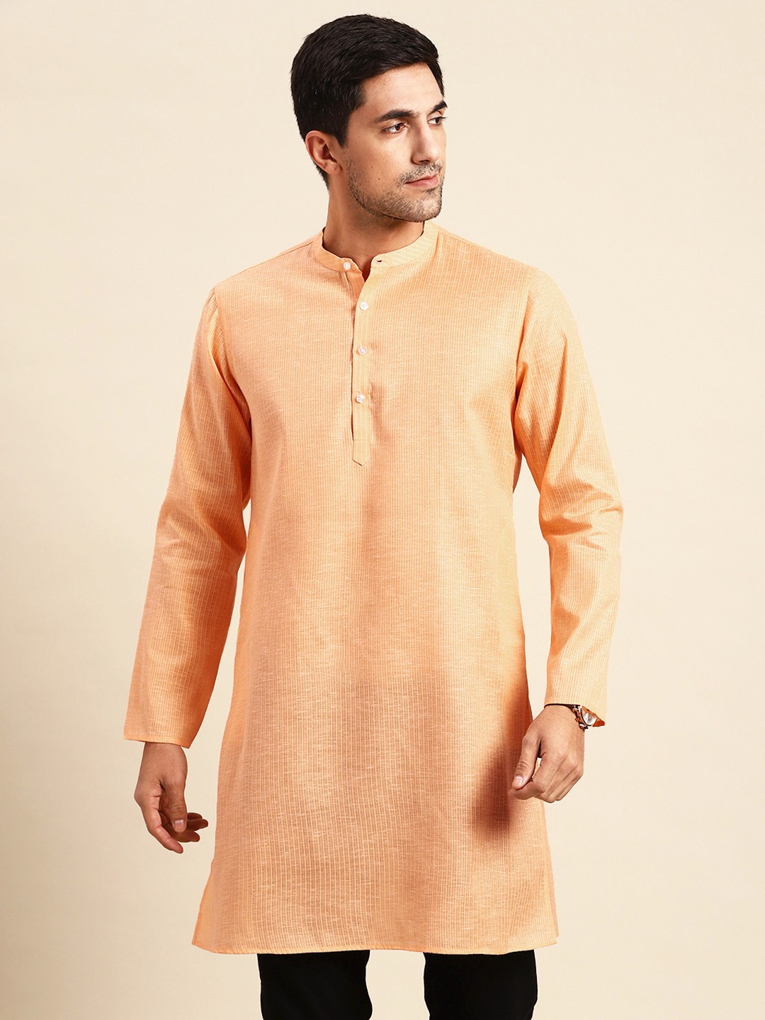 

Anouk Men Orange Band Collar Kurta