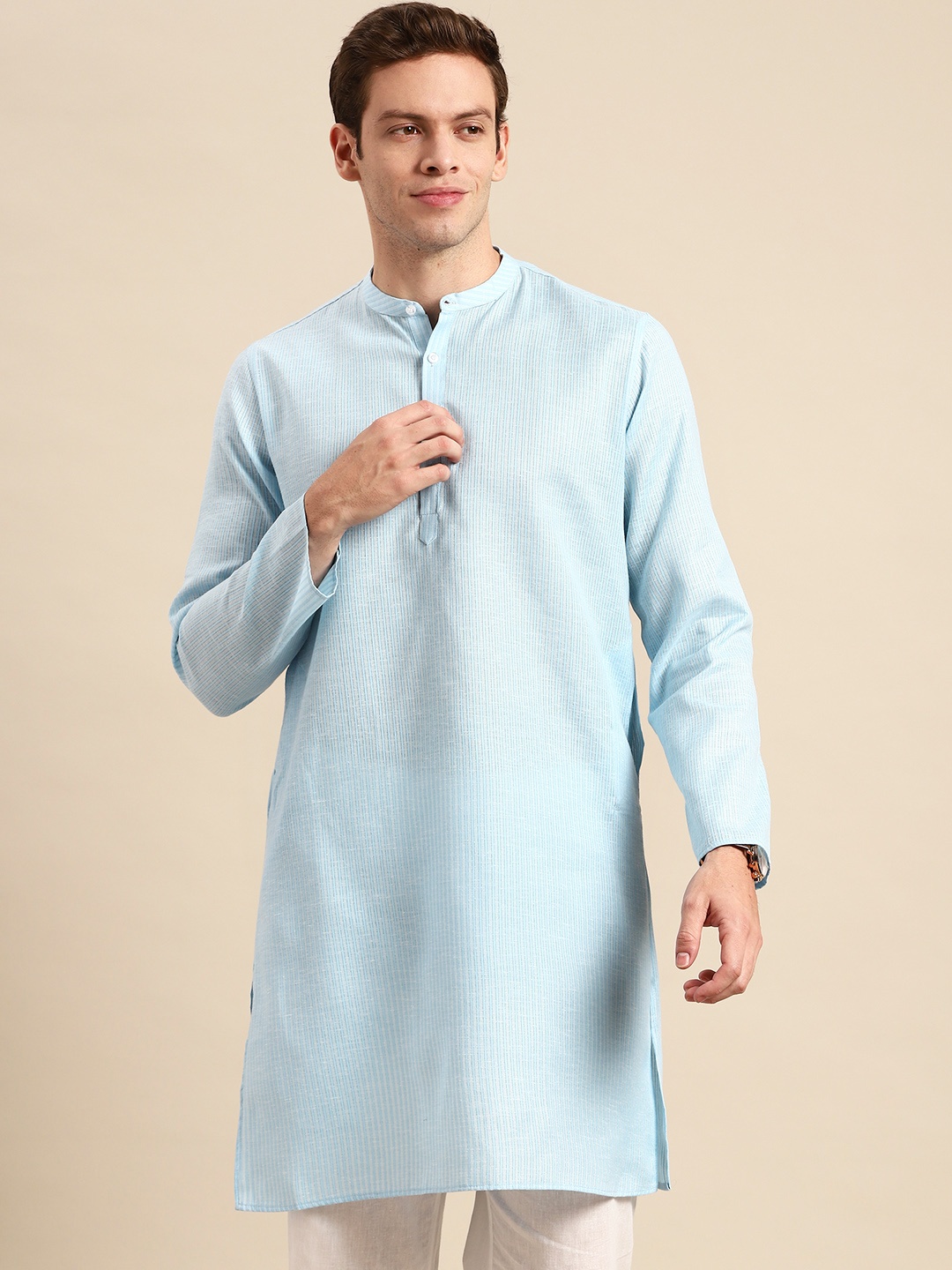 

Anouk Men Blue Band Collar Kurta