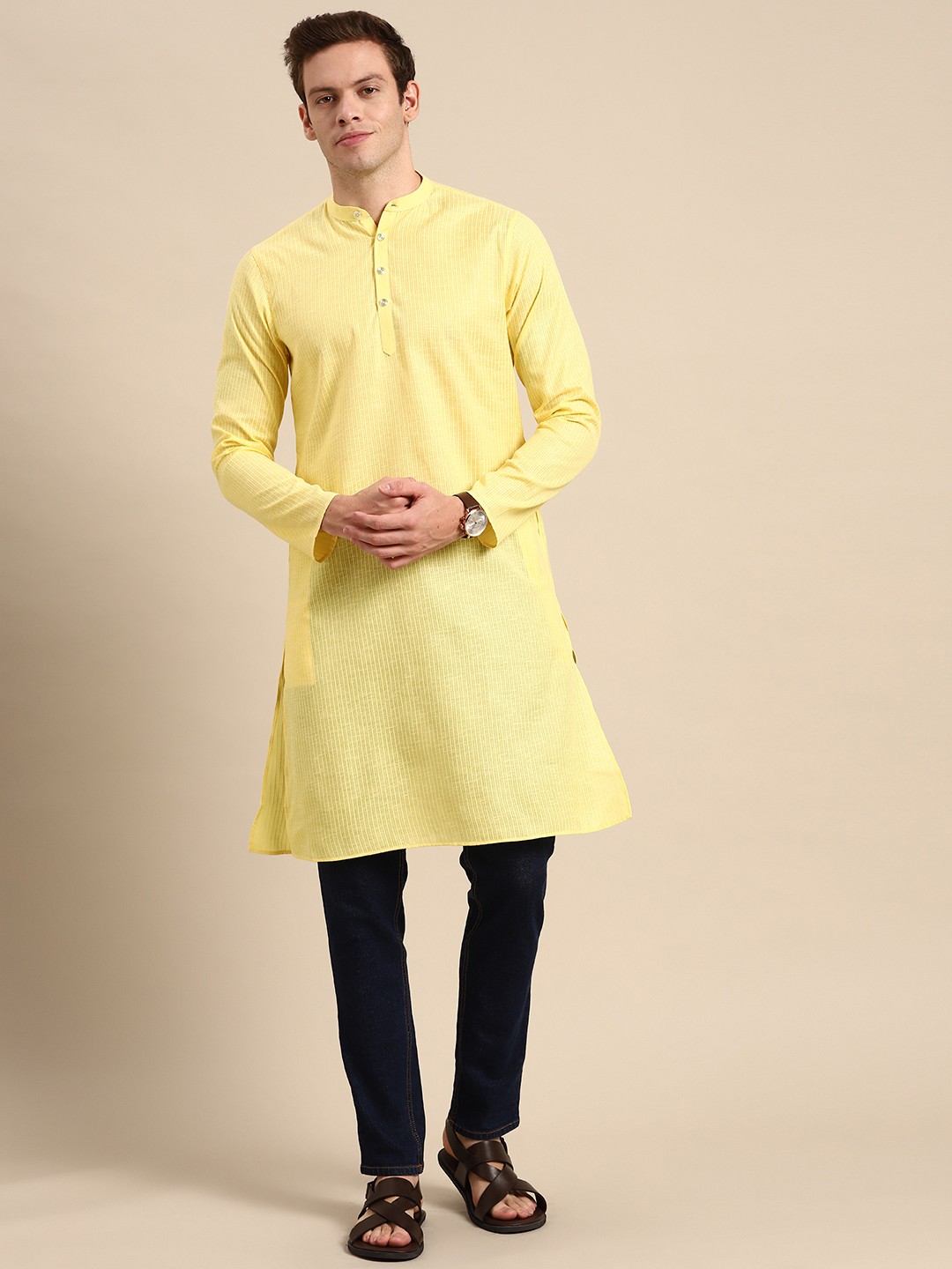 

Anouk Men Yellow Striped Kurta