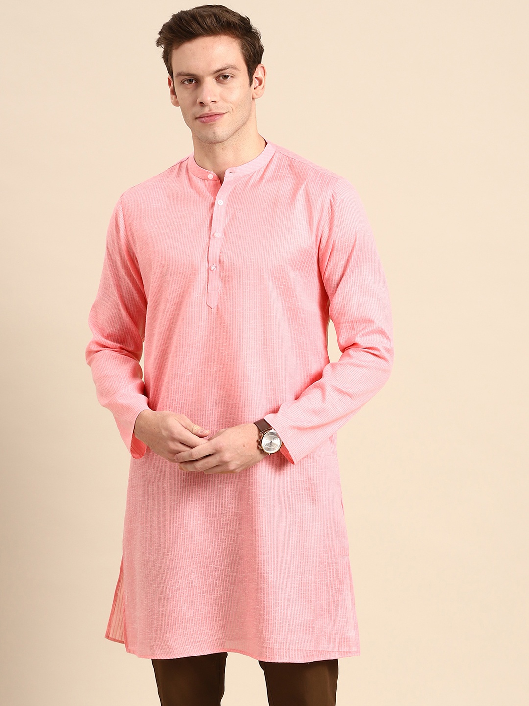 

Anouk Men Pink Striped Pure Cotton Kurta