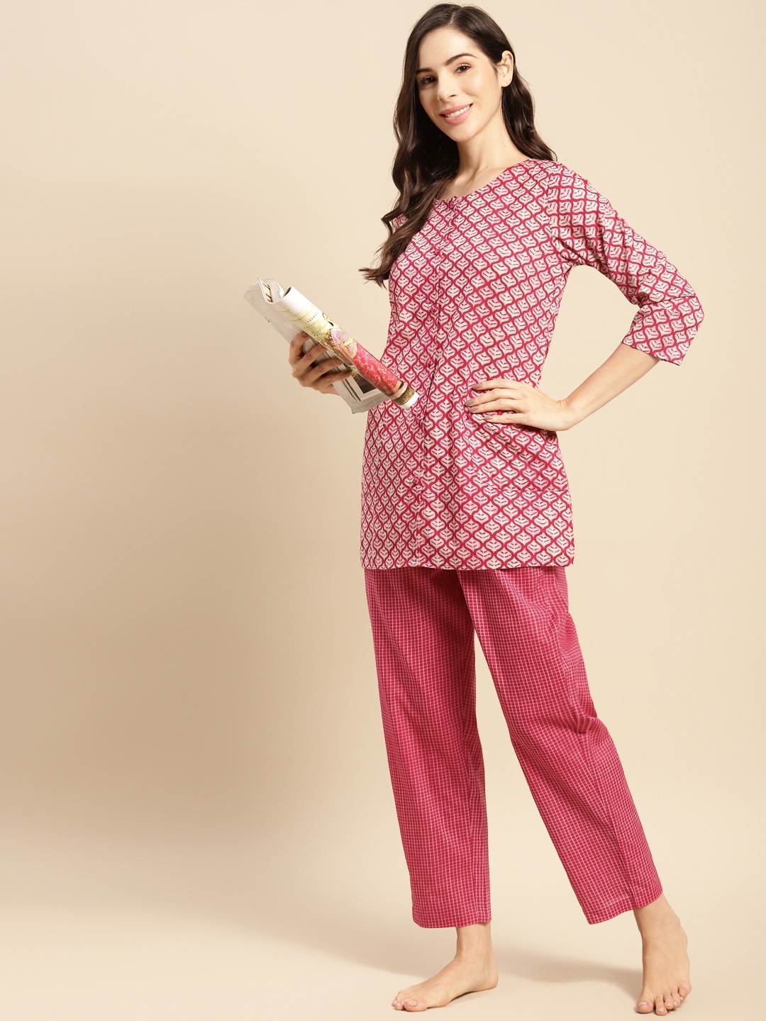 

Prakrti Women Pink Printed Cotton Night suit