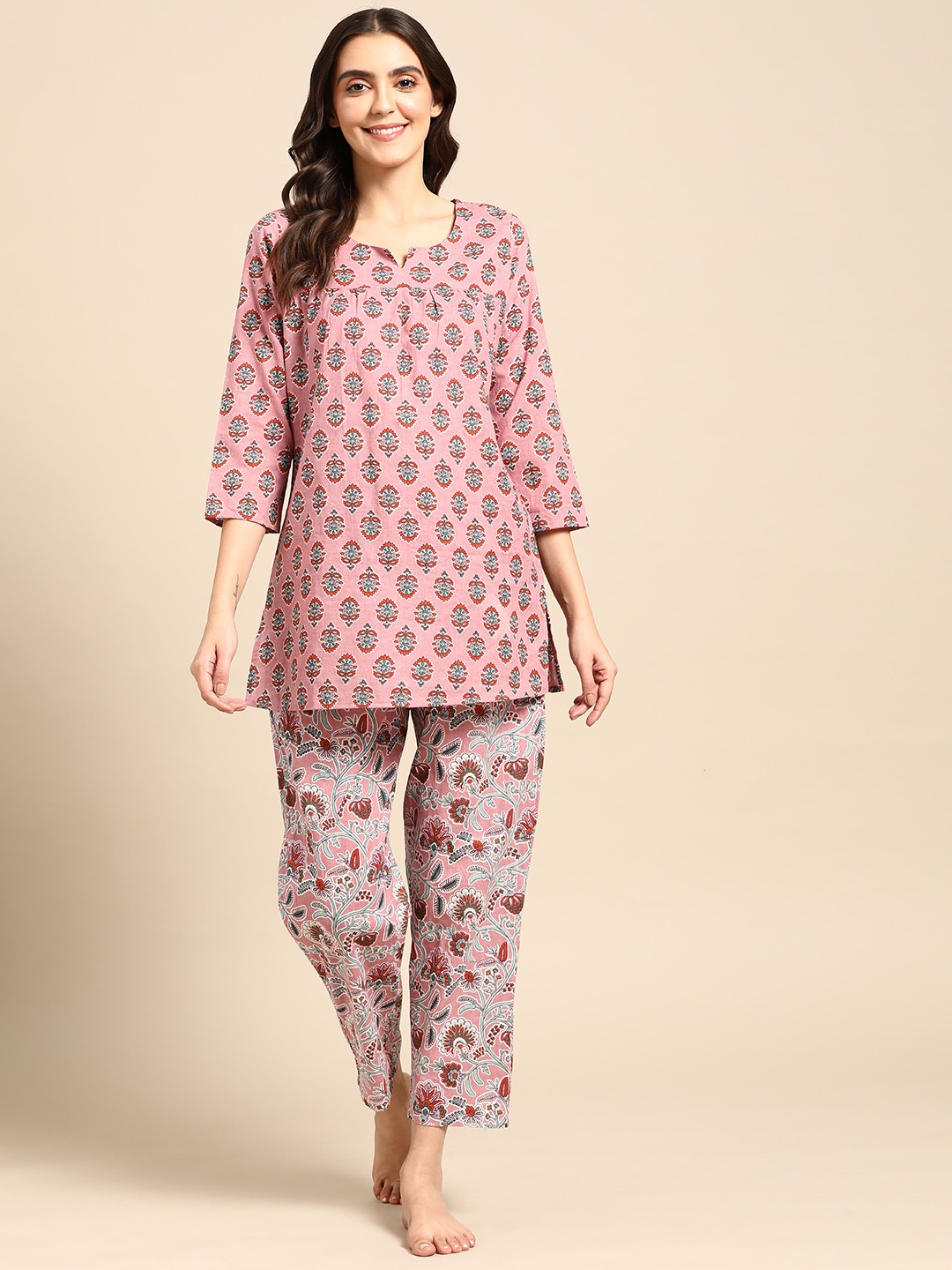 

Prakrti Women Mauve & Red Printed Pure Cotton Night suit