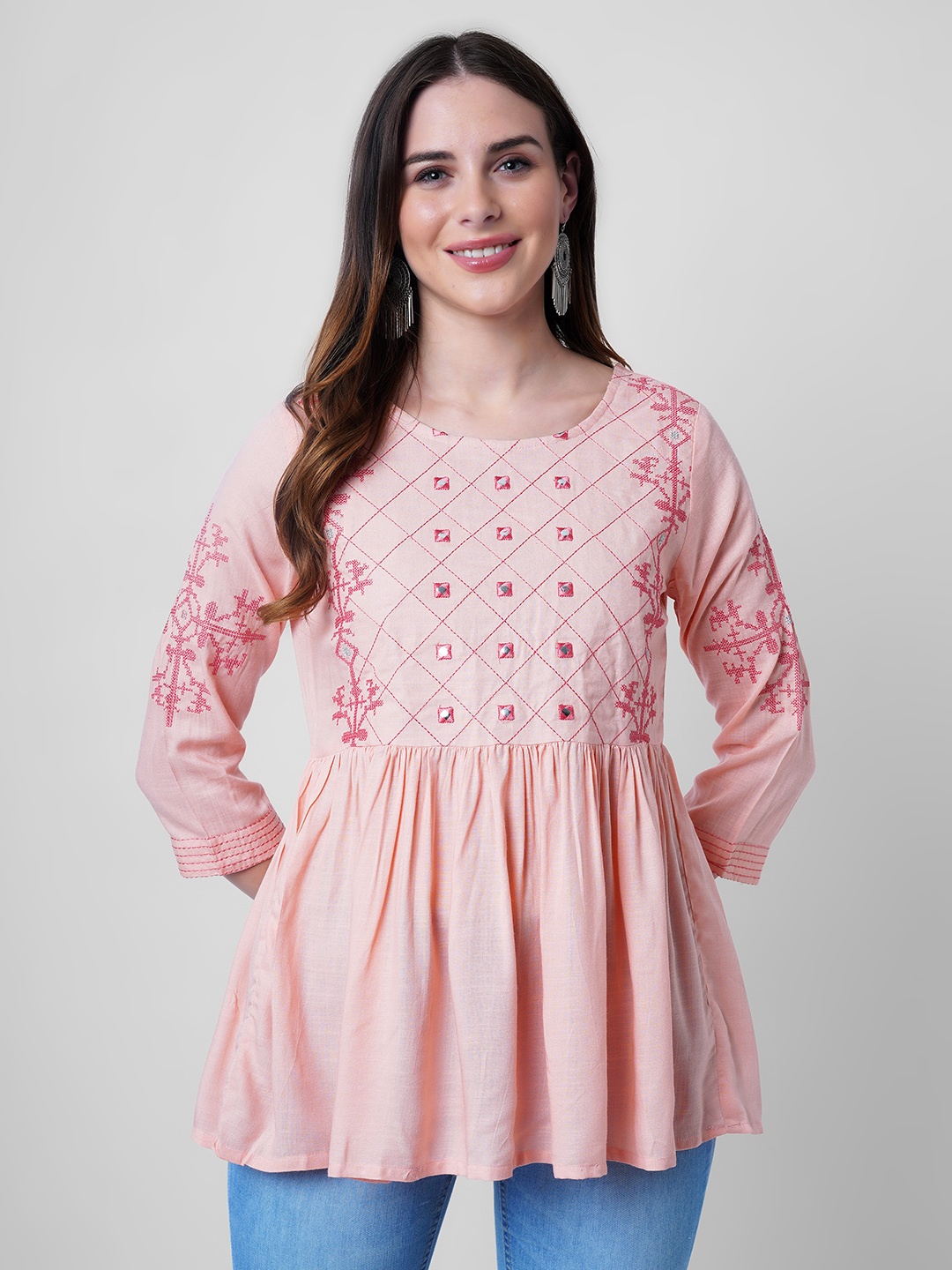 

NITVAN Women Pink Geometric Embroidered Peplum Top