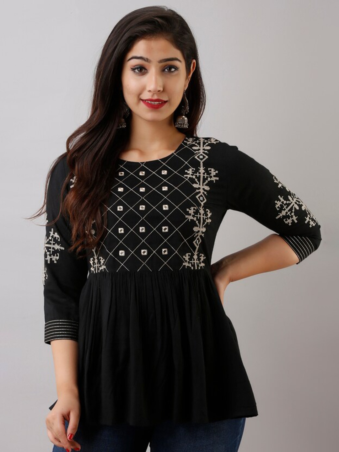 

NITVAN Black & Golden Geometric Embroidered Peplum Top