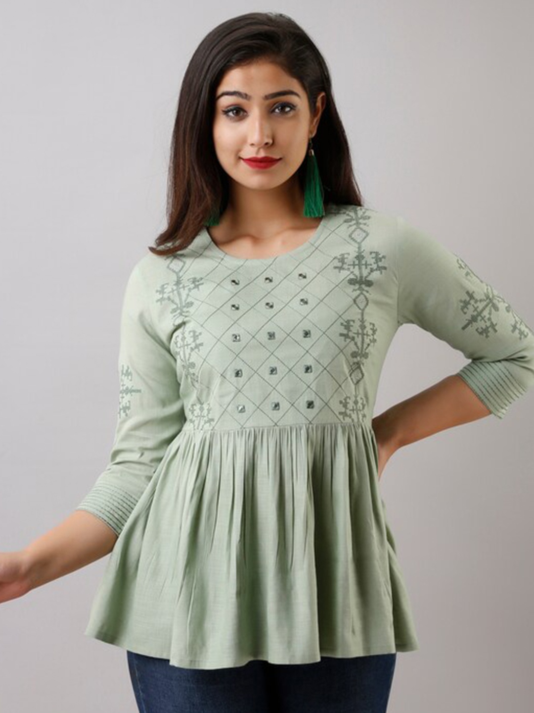 

NITVAN Women Sea Green Geometric Embroidered Peplum Top