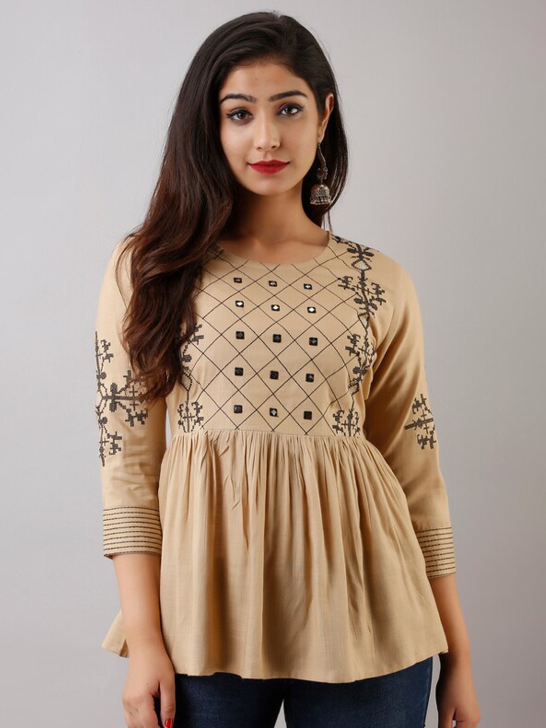 

NITVAN Brown & Black Geometric Embroidered Peplum Top