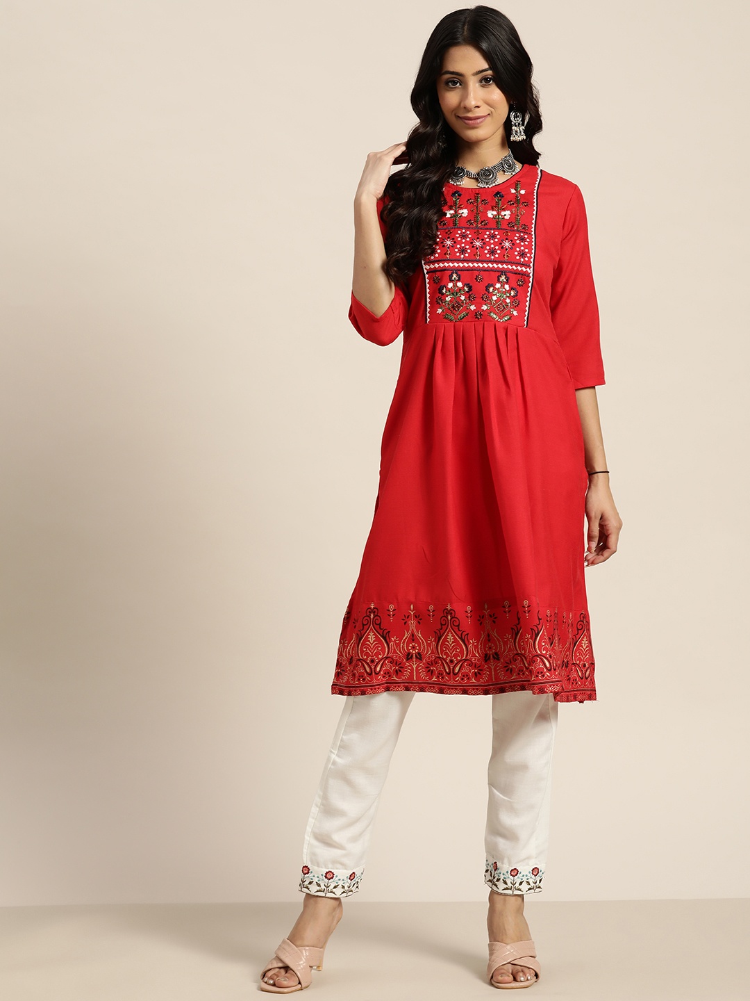 

Sangria Women Red Ethnic Motifs Yoke Design Kurta with Trousers