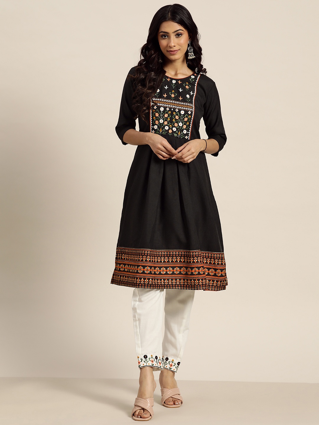 

Sangria Women Black Ethnic Motifs Yoke Design Kurta with Trousers