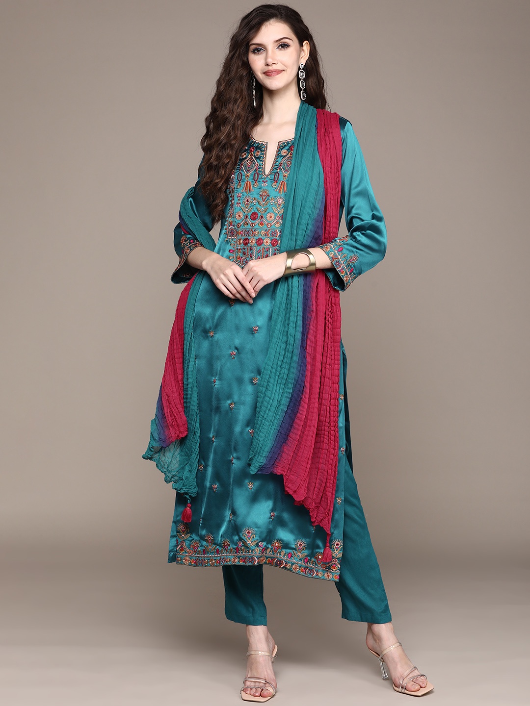 

aarke Ritu Kumar Women Teal Ethnic Motifs Embroidered Thread Work Kurta with Trousers & With Dupatta