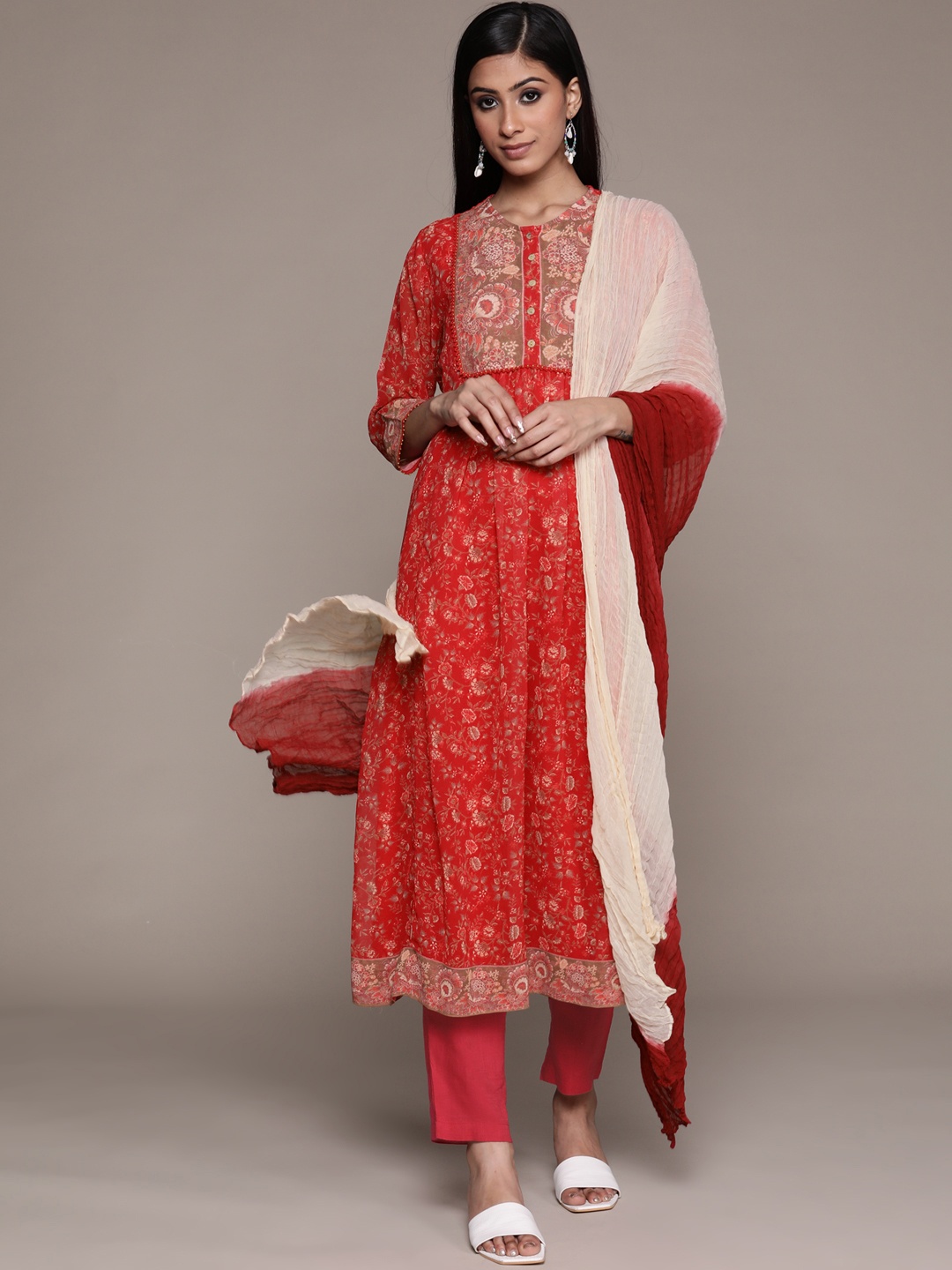 

aarke Ritu Kumar Women Red Ethnic Motifs Printed Kurta with Palazzos & With Dupatta