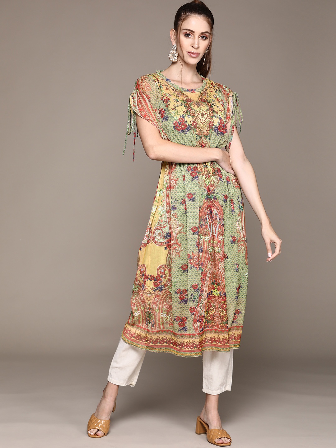 

aarke Ritu Kumar Women Green & Beige Floral Printed Kurta