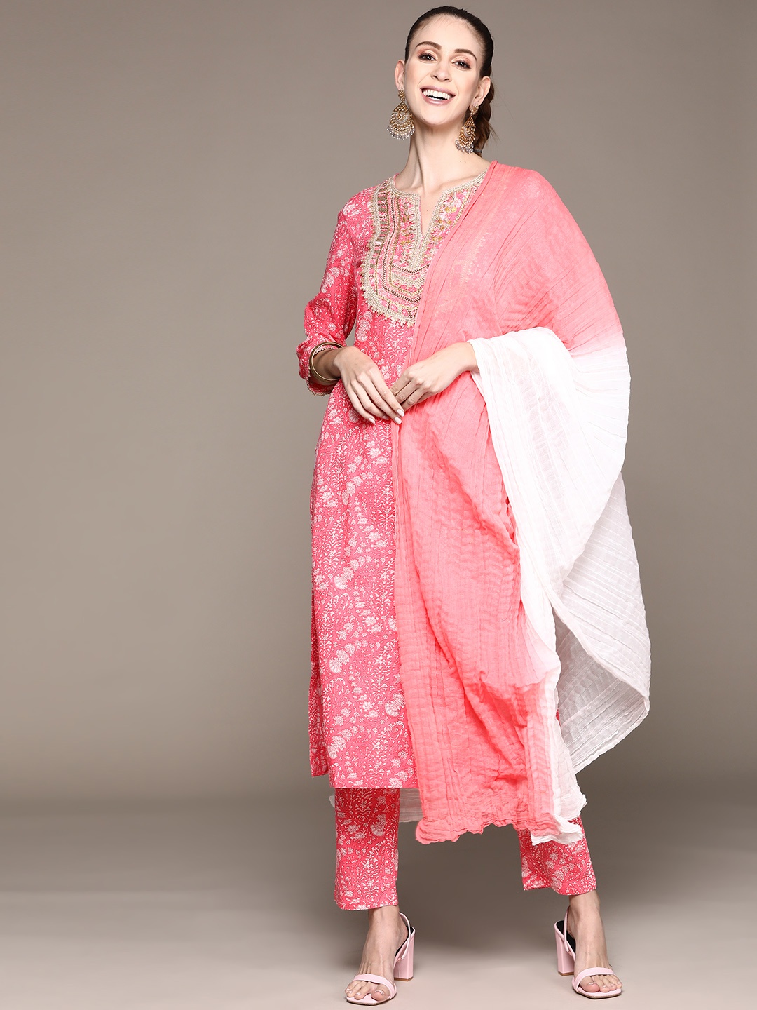 

aarke Ritu Kumar Women Pink Yoke Design Pure Cotton Kurta with Palazzos & With Dupatta