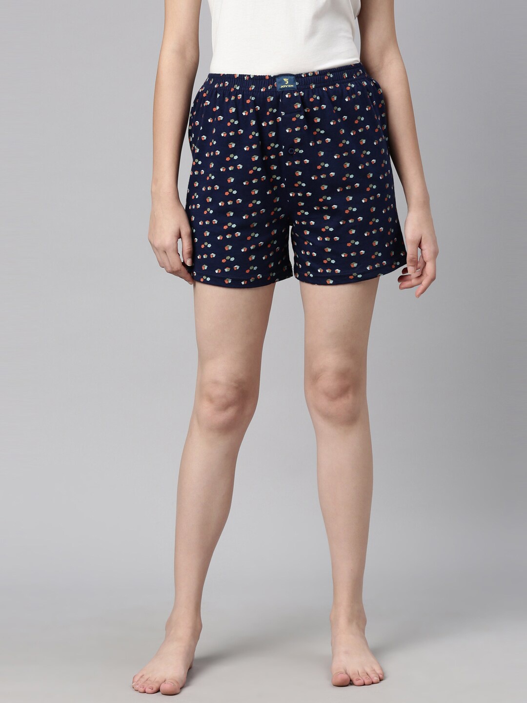

Curare Women Navy Blue & Red Printed Cotton Lounge Shorts