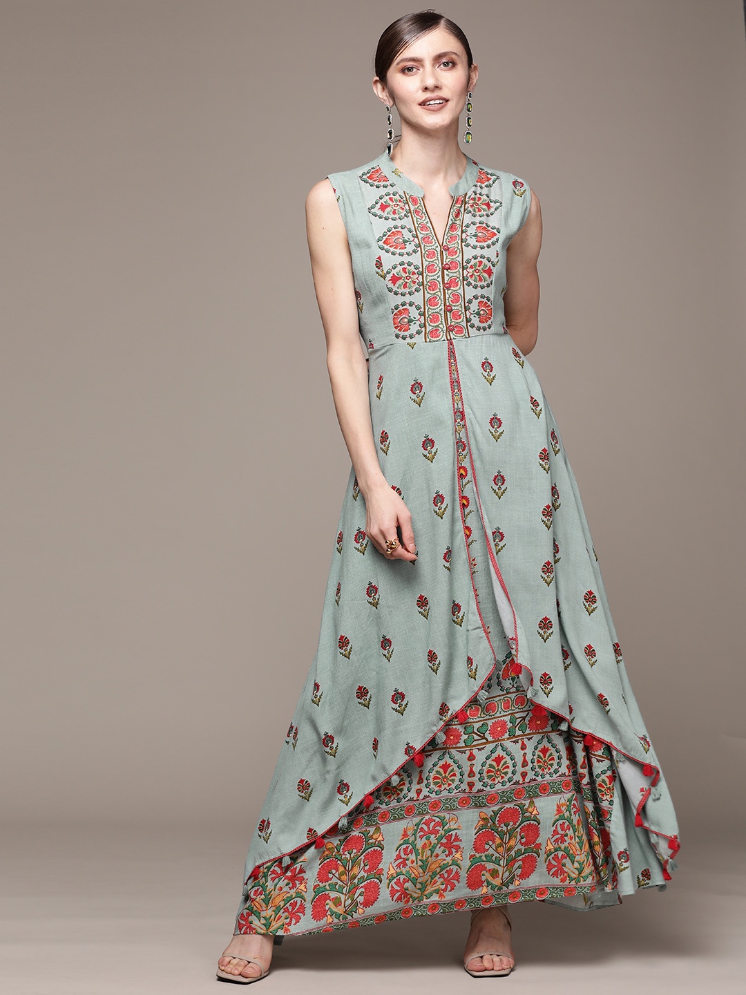 

aarke Ritu Kumar Green & Red Ethnic Motifs Layered Maxi Dress