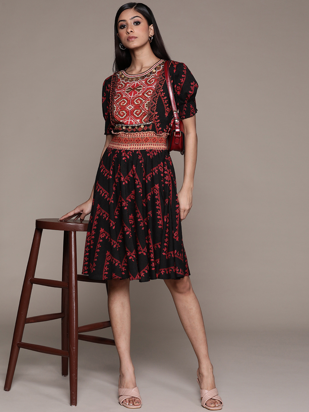 

aarke Ritu Kumar Women Black Ethnic Motifs Printed Smocked A-Line Dress