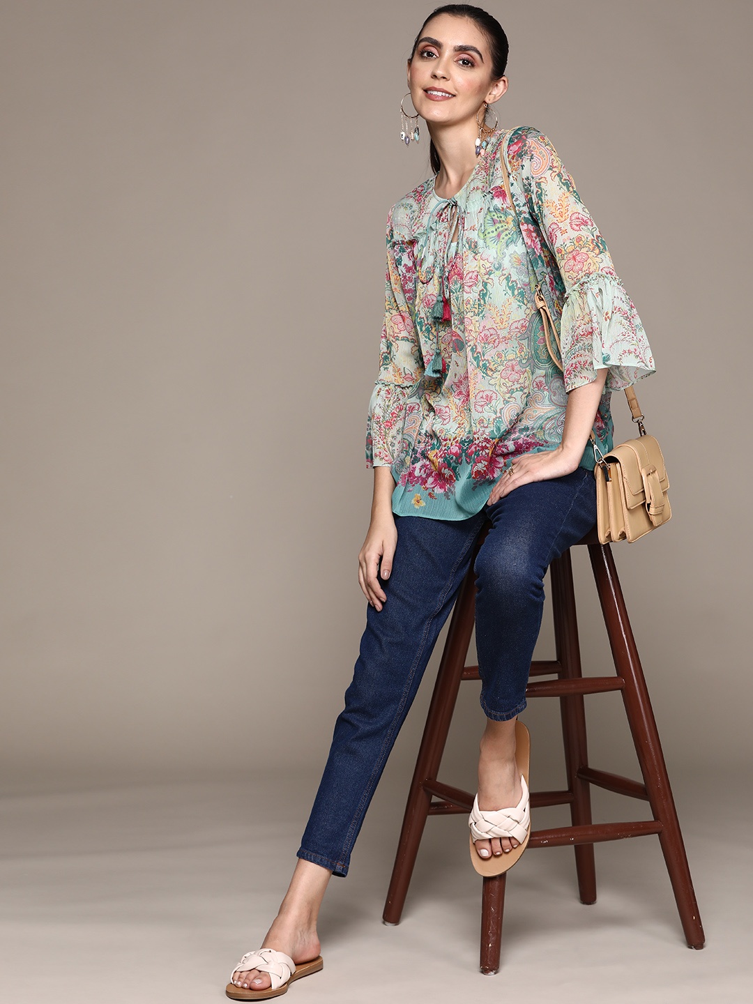 

aarke Ritu Kumar Sea Green Floral Print Tie-Up Neck Chiffon Top