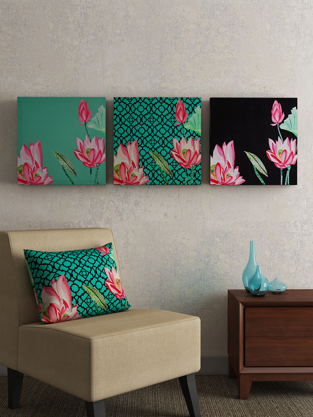 

SEJ by Nisha Gupta Green & Black Set of 3 Floral Wall Art