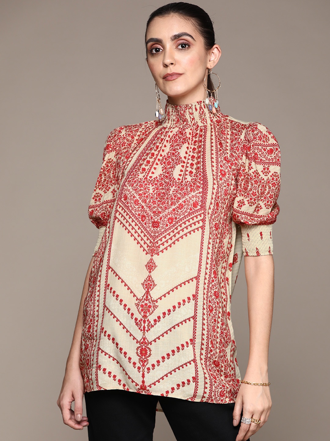 

aarke Ritu Kumar Beige & Red Printed Top