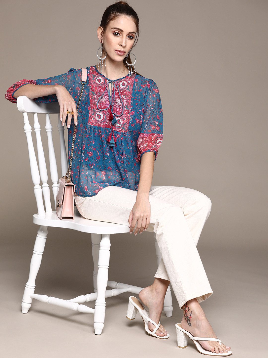 

aarke Ritu Kumar Blue & Magenta Print Tie-Up Neck Georgette Top