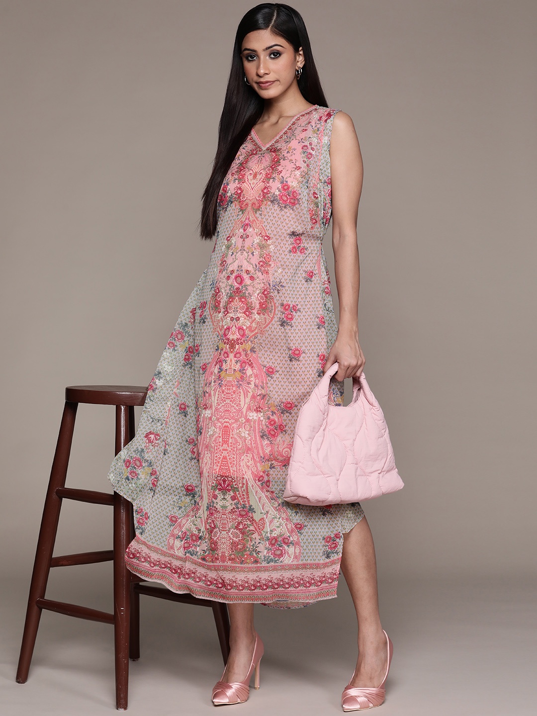 

aarke Ritu Kumar Women Pink Ethnic Motifs Printed Chiffon A-Line Midi Dress with Camisole