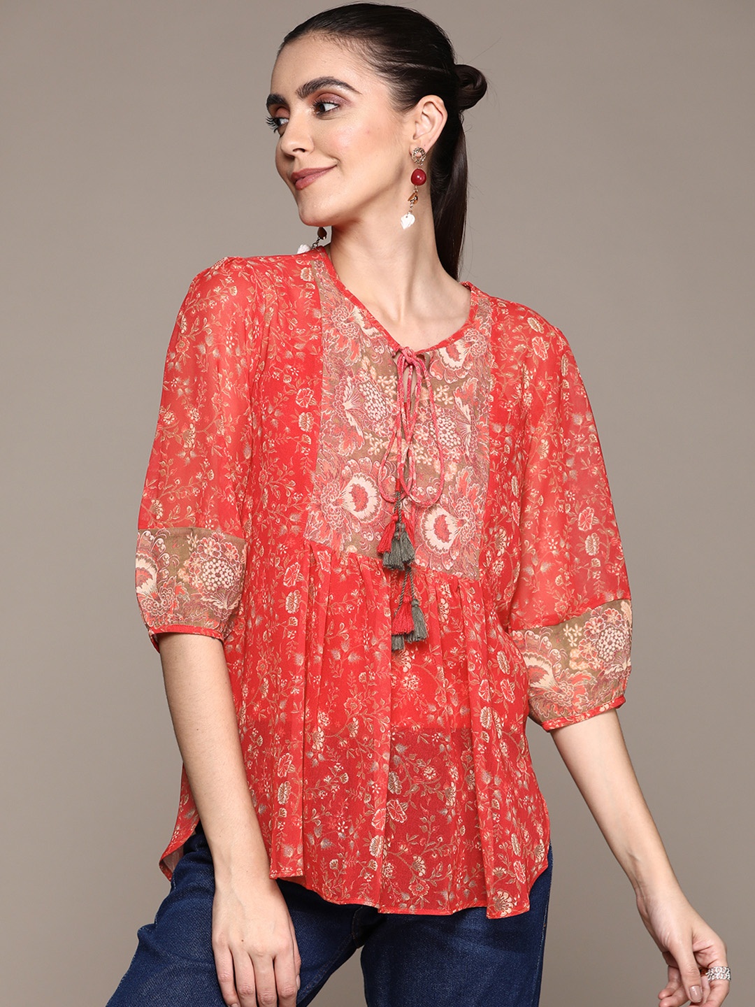 

aarke Ritu Kumar Red Floral Print Tie-Up Neck Georgette Top