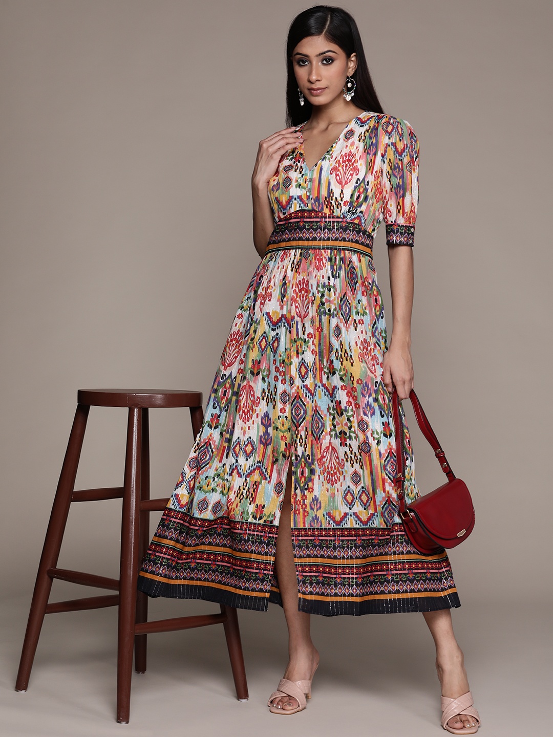 

aarke Ritu Kumar Women White & Red Ethnic Motifs Printed A-Line Midi Dress