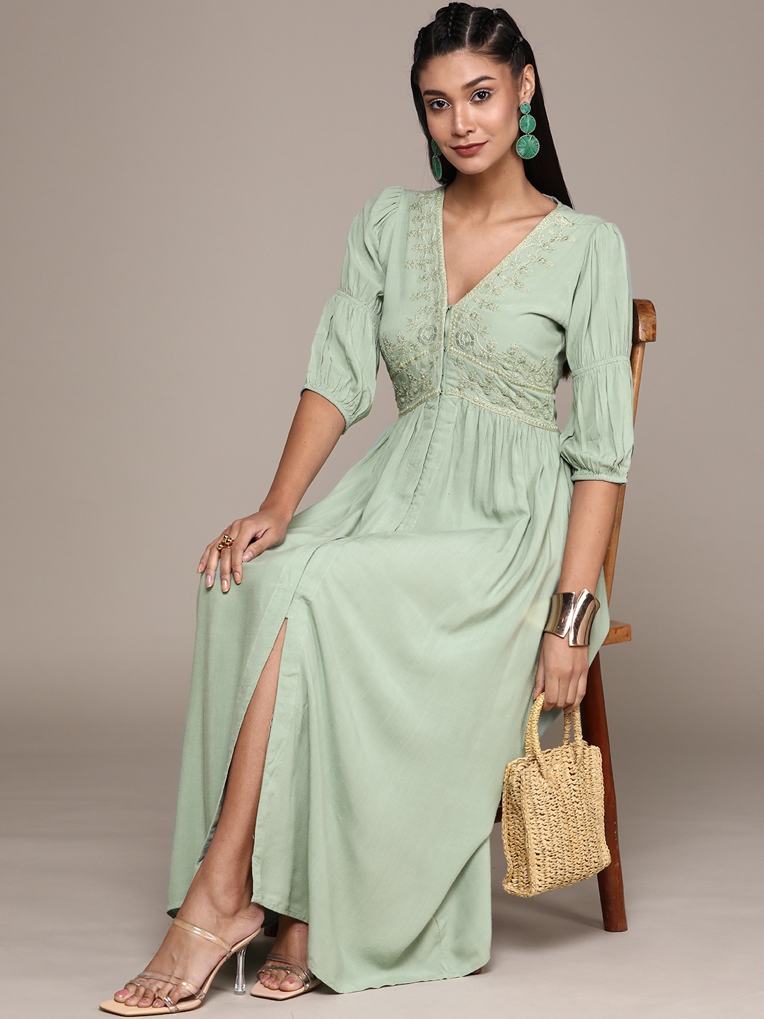 

aarke Ritu Kumar Sage Green Ethnic Yoke Embroidered Front Slit Smocked Empire Midi Dress