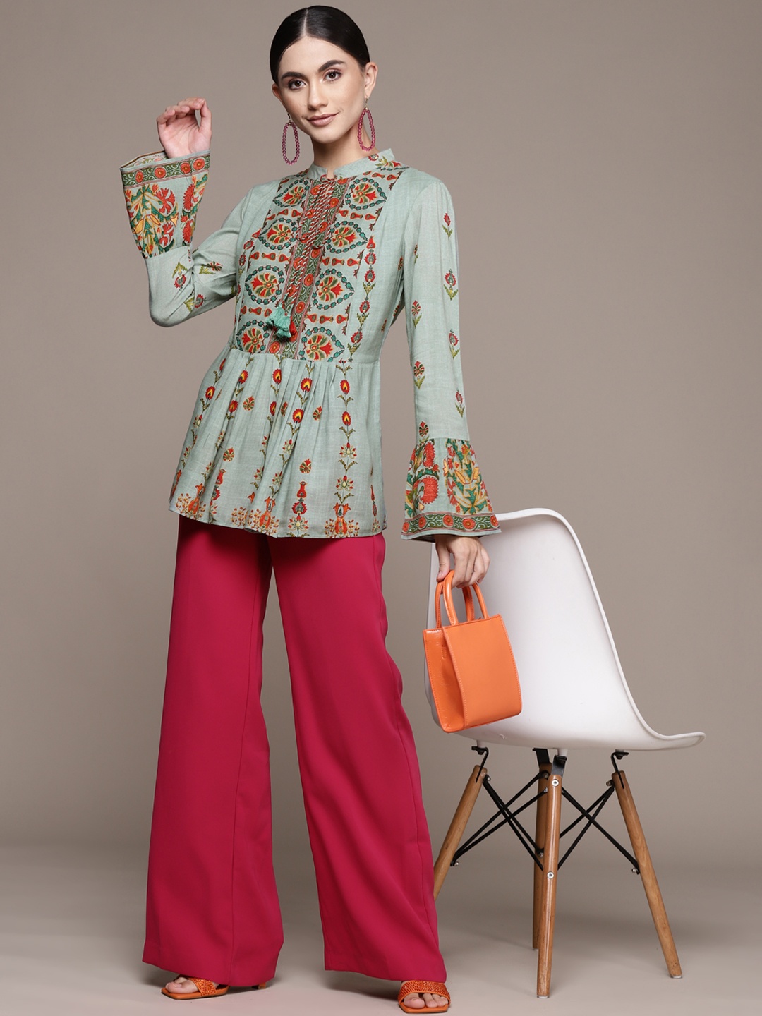 

aarke Ritu Kumar Green & Red Print Tie-Up Neck Cinched Waist Top